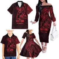 Oxblood Guam Latte Stone Tribal Tattoo Family Matching Off The Shoulder Long Sleeve Dress and Hawaiian Shirt Hafa Adai Six 7 One