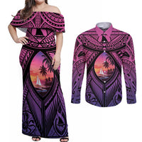 Guam Chamorro Artsy Couples Matching Off Shoulder Maxi Dress and Long Sleeve Button Shirt Guahan Sunset Beach