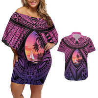 Guam Chamorro Artsy Couples Matching Off Shoulder Short Dress and Hawaiian Shirt Guahan Sunset Beach