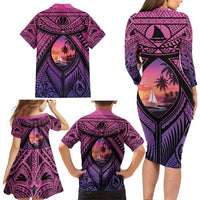Guam Chamorro Artsy Family Matching Long Sleeve Bodycon Dress and Hawaiian Shirt Guahan Sunset Beach