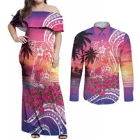 Guam Latte Stone with Map Couples Matching Off Shoulder Maxi Dress and Long Sleeve Button Shirt Bougainvillea Beach Sunset