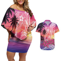 Guam Latte Stone with Map Couples Matching Off Shoulder Short Dress and Hawaiian Shirt Bougainvillea Beach Sunset