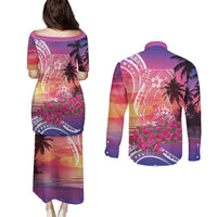 Guam Latte Stone with Map Couples Matching Puletasi and Long Sleeve Button Shirt Bougainvillea Beach Sunset