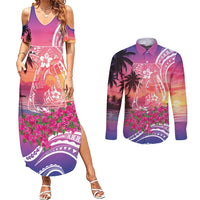 Guam Latte Stone with Map Couples Matching Summer Maxi Dress and Long Sleeve Button Shirt Bougainvillea Beach Sunset
