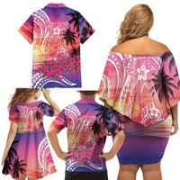 Guam Latte Stone with Map Family Matching Off Shoulder Short Dress and Hawaiian Shirt Bougainvillea Beach Sunset