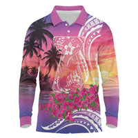 Guam Latte Stone with Map Long Sleeve Polo Shirt Bougainvillea Beach Sunset