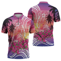 Guam Latte Stone with Map Zipper Polo Shirt Bougainvillea Beach Sunset - Polynesian Pride