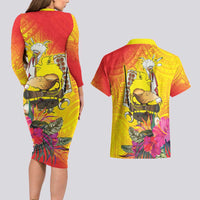 Papua New Guinea Cultural Tropical Flowers Couples Matching Long Sleeve Bodycon Dress and Hawaiian Shirt