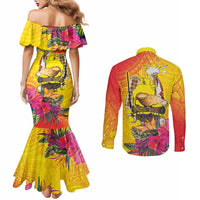 Papua New Guinea Cultural Tropical Flowers Couples Matching Mermaid Dress and Long Sleeve Button Shirt LT9 - Polynesian Pride