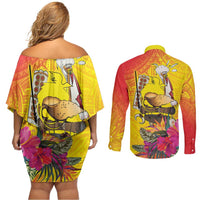 Papua New Guinea Cultural Tropical Flowers Couples Matching Off Shoulder Short Dress and Long Sleeve Button Shirt LT9 - Polynesian Pride