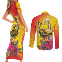 Papua New Guinea Cultural Tropical Flowers Couples Matching Short Sleeve Bodycon Dress and Long Sleeve Button Shirt LT9 - Polynesian Pride