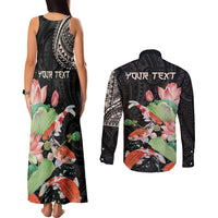 Personalized Japanese Koi Fish Couples Matching Tank Maxi Dress and Long Sleeve Button Shirt with Polynesian Pattern