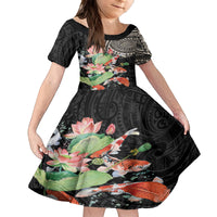 Personalized Japanese Koi Fish Kid Short Sleeve Dress with Polynesian Pattern LT9 KID Black - Polynesian Pride