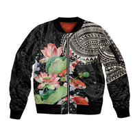 Personalized Japanese Koi Fish Sleeve Zip Bomber Jacket with Polynesian Pattern
