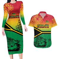 Hapi 45th Indipendens Dei Vanuatu Couples Matching Long Sleeve Bodycon Dress and Hawaiian Shirt Yumi 1980 with Vanuatuan Beach Landscape