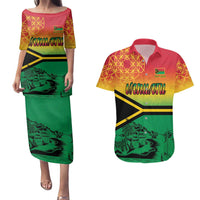 Hapi 45th Indipendens Dei Vanuatu Couples Matching Puletasi and Hawaiian Shirt Yumi 1980 with Vanuatuan Beach Landscape