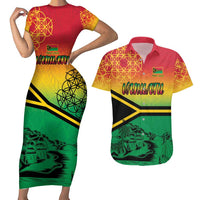 Hapi 45th Indipendens Dei Vanuatu Couples Matching Short Sleeve Bodycon Dress and Hawaiian Shirt Yumi 1980 with Vanuatuan Beach Landscape