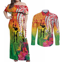Vanuatu 45th Anniversary Couples Matching Off Shoulder Maxi Dress and Long Sleeve Button Shirt Polynesian with Sand Drawing Pattern