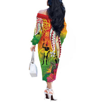 Vanuatu 45th Anniversary Off The Shoulder Long Sleeve Dress Polynesian with Sand Drawing Pattern