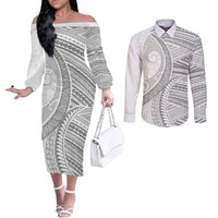 American Samoa White Sunday Couples Matching Off The Shoulder Long Sleeve Dress and Long Sleeve Button Shirt Polynesian Lotu Tamaiti - Polynesian Pride