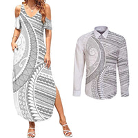 American Samoa White Sunday Couples Matching Summer Maxi Dress and Long Sleeve Button Shirt Polynesian Lotu Tamaiti - Polynesian Pride