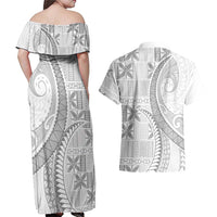 Niue White Sunday Couples Matching Off Shoulder Maxi Dress and Hawaiian Shirt Niuean Lotu Tamaiti Hiapo Pattern - Polynesian Pride