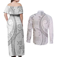Niue White Sunday Couples Matching Off Shoulder Maxi Dress and Long Sleeve Button Shirt Niuean Lotu Tamaiti Hiapo Pattern LT9 - Polynesian Pride