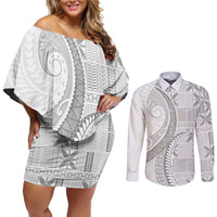 Niue White Sunday Couples Matching Off Shoulder Short Dress and Long Sleeve Button Shirt Niuean Lotu Tamaiti Hiapo Pattern - Polynesian Pride