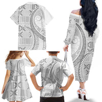Niue White Sunday Family Matching Off The Shoulder Long Sleeve Dress and Hawaiian Shirt Niuean Lotu Tamaiti Hiapo Pattern - Polynesian Pride