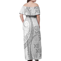 Niue White Sunday Family Matching Off Shoulder Maxi Dress and Hawaiian Shirt Niuean Lotu Tamaiti Hiapo Pattern - Polynesian Pride