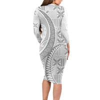 Niue White Sunday Long Sleeve Bodycon Dress Niuean Lotu Tamaiti Hiapo Pattern - Polynesian Pride