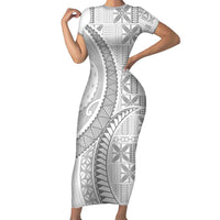 Niue White Sunday Short Sleeve Bodycon Dress Niuean Lotu Tamaiti Hiapo Pattern - Polynesian Pride