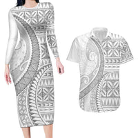 Polynesian White Sunday Couples Matching Long Sleeve Bodycon Dress and Hawaiian Shirt Lotu Tamaiti Melanesian Pattern - Polynesian Pride