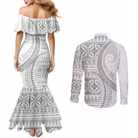 Polynesian White Sunday Couples Matching Mermaid Dress and Long Sleeve Button Shirt Lotu Tamaiti Melanesian Pattern - Polynesian Pride