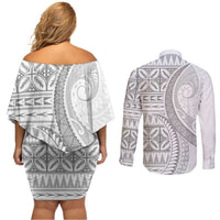 Polynesian White Sunday Couples Matching Off Shoulder Short Dress and Long Sleeve Button Shirt Lotu Tamaiti Melanesian Pattern - Polynesian Pride