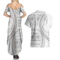 Polynesian White Sunday Couples Matching Summer Maxi Dress and Hawaiian Shirt Lotu Tamaiti Melanesian Pattern - Polynesian Pride