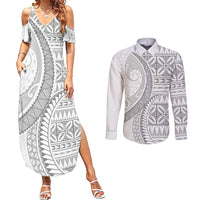 Polynesian White Sunday Couples Matching Summer Maxi Dress and Long Sleeve Button Shirt Lotu Tamaiti Melanesian Pattern - Polynesian Pride