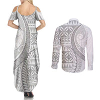 Polynesian White Sunday Couples Matching Summer Maxi Dress and Long Sleeve Button Shirt Lotu Tamaiti Melanesian Pattern - Polynesian Pride