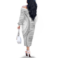 Polynesian White Sunday Family Matching Off The Shoulder Long Sleeve Dress and Hawaiian Shirt Lotu Tamaiti Melanesian Pattern - Polynesian Pride