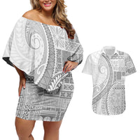 Samoa Siapo White Sunday Couples Matching Off Shoulder Short Dress and Hawaiian Shirt Lotu Tamaiti Polynesian White Pattern - Polynesian Pride