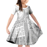Samoa Siapo White Sunday Family Matching Off Shoulder Short Dress and Hawaiian Shirt Lotu Tamaiti Polynesian White Pattern - Polynesian Pride