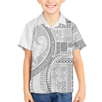Samoa Siapo White Sunday Family Matching Off Shoulder Short Dress and Hawaiian Shirt Lotu Tamaiti Polynesian White Pattern - Polynesian Pride