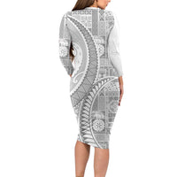 Samoa Siapo White Sunday Long Sleeve Bodycon Dress Lotu Tamaiti Polynesian White Pattern - Polynesian Pride