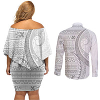 Tokelau White Sunday Couples Matching Off Shoulder Short Dress and Long Sleeve Button Shirt Lotu Tamaiti Ngatu Tokelau Feletoa Manulua - Polynesian Pride