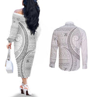Tokelau White Sunday Couples Matching Off The Shoulder Long Sleeve Dress and Long Sleeve Button Shirt Lotu Tamaiti Ngatu Tokelau Feletoa Manulua - Polynesian Pride