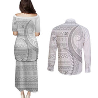 Tokelau White Sunday Couples Matching Puletasi and Long Sleeve Button Shirt Lotu Tamaiti Ngatu Tokelau Feletoa Manulua - Polynesian Pride