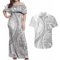 Tonga White Sunday Couples Matching Off Shoulder Maxi Dress and Hawaiian Shirt Lotu Tamaiti Ngatu Tribal - Polynesian Pride