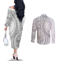 Tonga White Sunday Couples Matching Off The Shoulder Long Sleeve Dress and Long Sleeve Button Shirt Lotu Tamaiti Ngatu Tribal - Polynesian Pride
