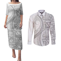 Tonga White Sunday Couples Matching Puletasi and Long Sleeve Button Shirt Lotu Tamaiti Ngatu Tribal - Polynesian Pride