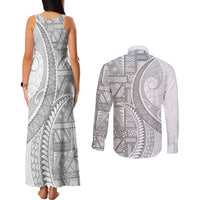 Tonga White Sunday Couples Matching Tank Maxi Dress and Long Sleeve Button Shirt Lotu Tamaiti Ngatu Tribal - Polynesian Pride